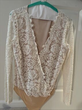 Wayf Ivory Lace Long-Sleeve Surplice Bodysuit with Nude Lining